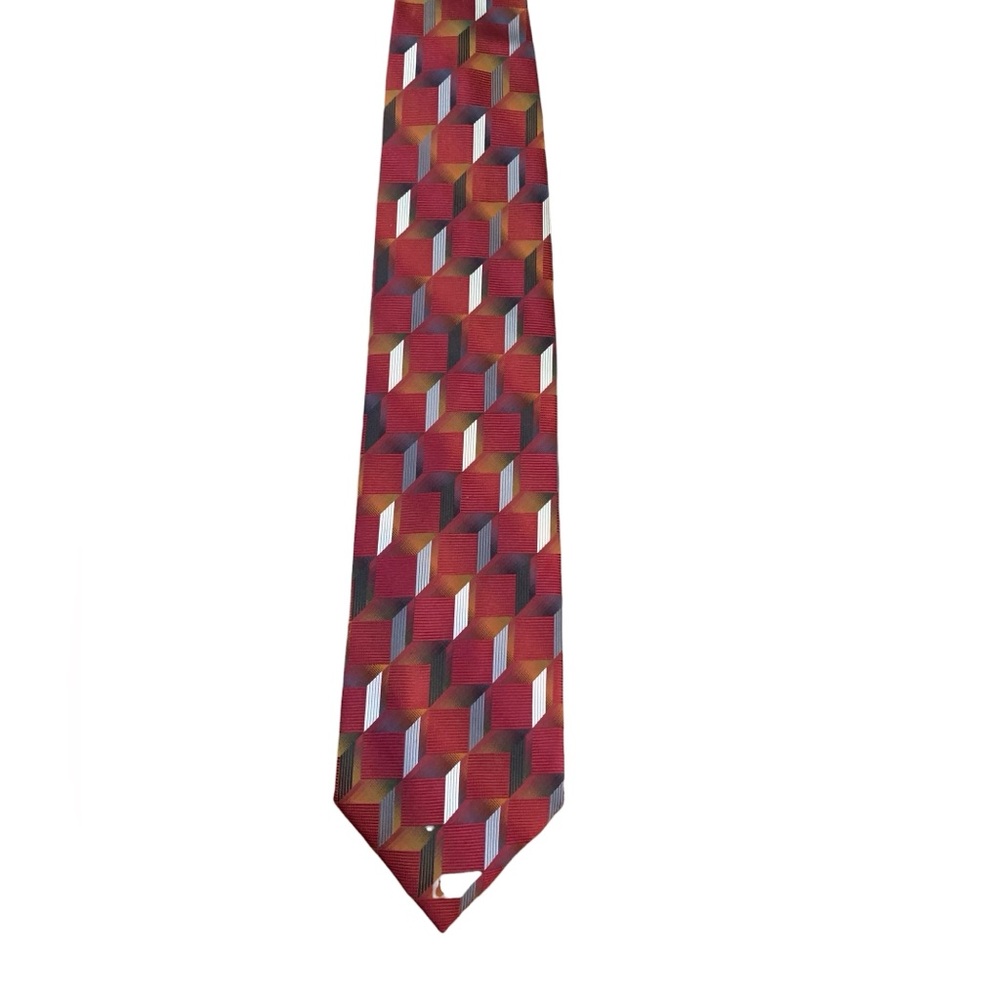 Fusion 100% silk tie. Red with tan and gray block pattern. Excellent condition.